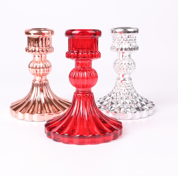 rose gold red and clear pressed glass candlestick holders