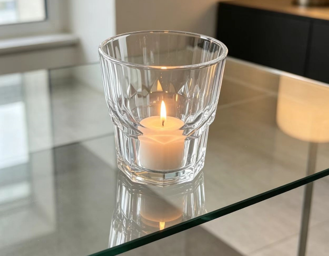clear faceted glass candle vessel during burn testing