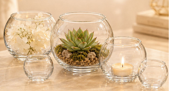 clear round glass vessels for candle gift sets and decorative use