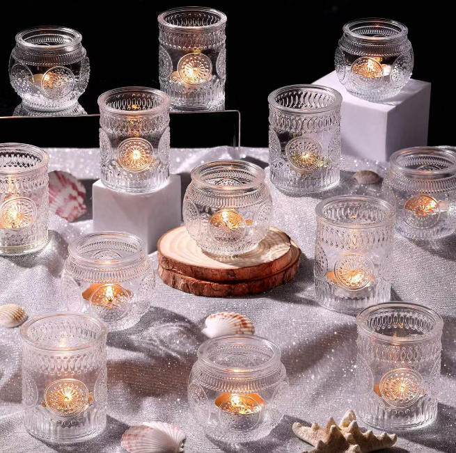 assorted clear patterned glass votive candle holders in bulk