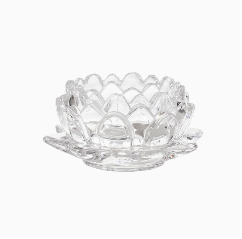 clear lotus-shaped glass candle holder for spa and wellness settings