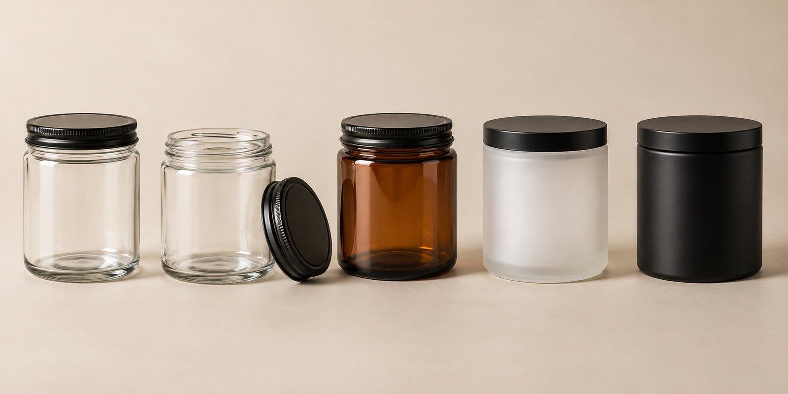 Glass storage jars with metal screw lids in clear, amber, frosted and matte black